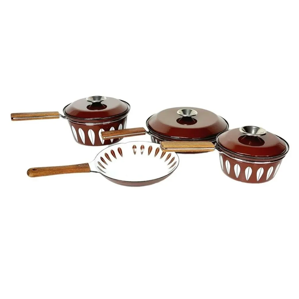 Vintage MCM Catherine Holm of Norway Brown Lotus Enamelware Pot & Pan 7 Pc Set
